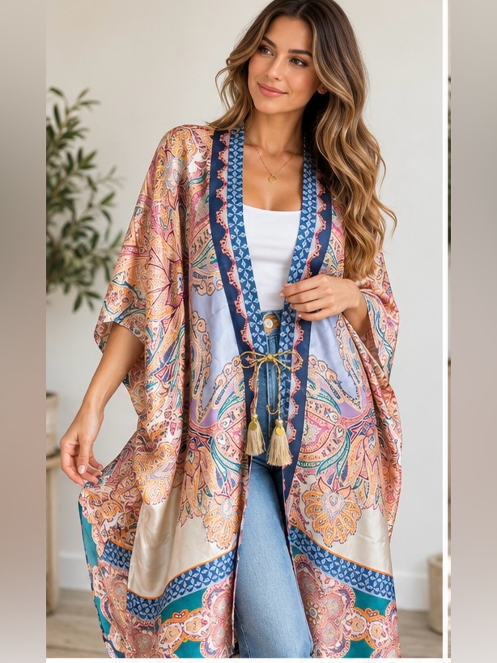 Chico's Silk Kimono Wrap • L/XL 100% Silk • Paisley Print • Tie Front Boho Luxu
